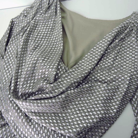 Eliza J gorgeous gown dress silver beige metallic drape back ruched side - Picture 7 of 10